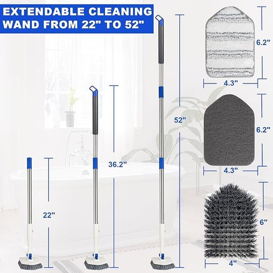 Tile Tub Scrubber Brush with 52-inch Adjustable Long Handle 3-in-1 Rotatable Shower Brush for Cleaning,3 Different Replacement Brush Heads for Cleaning Tub Tile Bathroom Kitchen Walls ,Blue