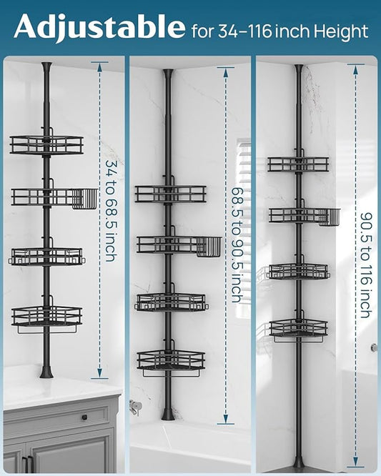 SEIRIONE Corner Shower Caddy Tension Pole, Quick Setup, Rust-Free Bathroom Shower Organizer Corner for Bathtub Shampoo Storage, 4-Tier Adjustable Shelf, Drill Free, Fits 34 to 116 Inch Height, Black