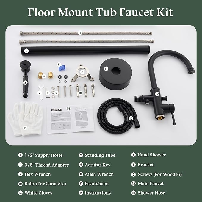 Free Standing Tub Faucet, Wintap Classic Freestanding Bathtub Faucet with Sprayer Brass Elegant Floor Mount Bath Faucets High Flow Roman Tub Filler, Matte Black (WT-3311BK)