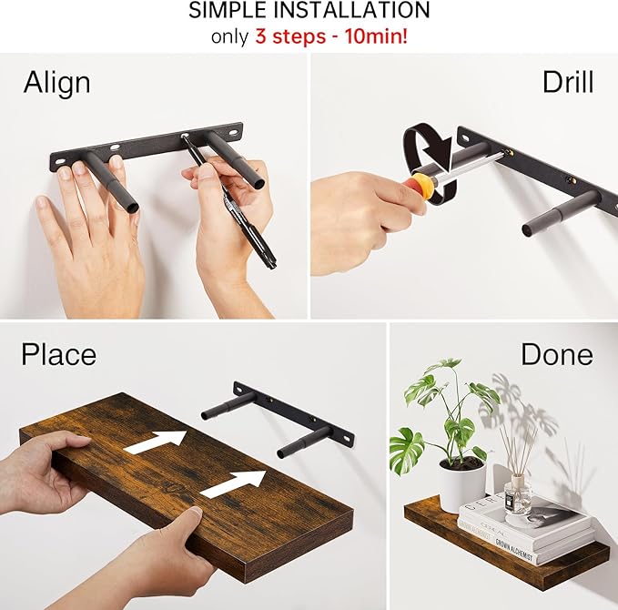 BAYKA Floating Shelves Bathroom for Wall ā Shelf Over Toilet Farmhouse Rustic Wood for Bedroom, Kitchen, or Living Room Decor Organization Display Shelving ā Rustic Brown, Set of 3