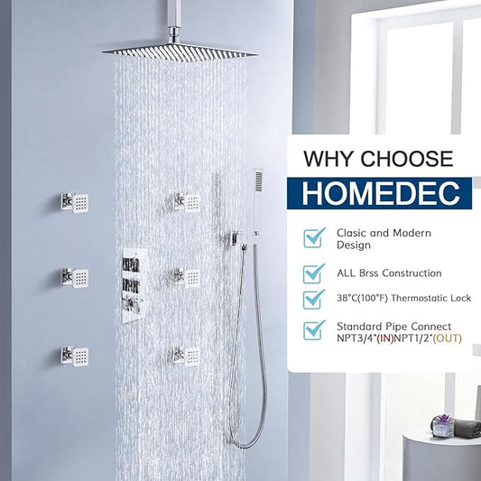 HOMEDEC Brass 3 Way Shower Diverter Valve, Thermostatic 3 Handle Control Shower Mixing Valve Trim Kit Replacement, Rough In, Chrome