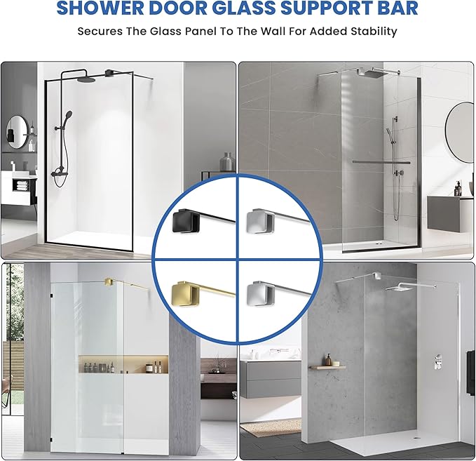Shower Door Glass Support Bar, 26.96" to 48.54" Adjustable Stainless Steel Wall-to-Glass Shower Stabilizer Rod for 1/4", 5/16", 3/8", Brushed Gold