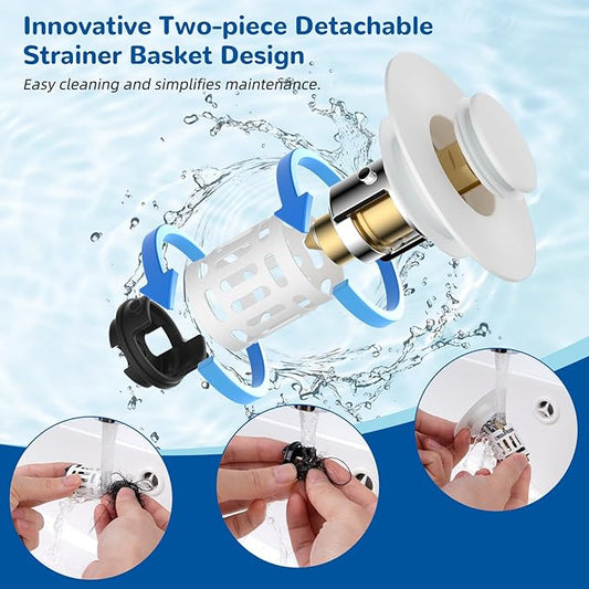 Hibbent Upgraded 3 in 1 Bathroom Sink Drain Strainer, Universal Pop Up Stopper with Removable Stainless Steel Filter Basket Hair Catcher, Sink Plug for 1.1''~2.36'' Basin, Brass Bullet Core, White