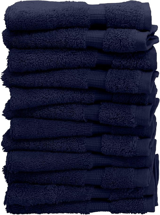 Luxury Hotel & Spa Quality, 100% Turkish Cotton 700 GSM Cloth, Eco Friendly Towel, Body wash, Makeup & Facial Cleaning, Baby, loofah, Dobby Border washcloths Towel Set 13" X 13", Navy Blue, Set of 12