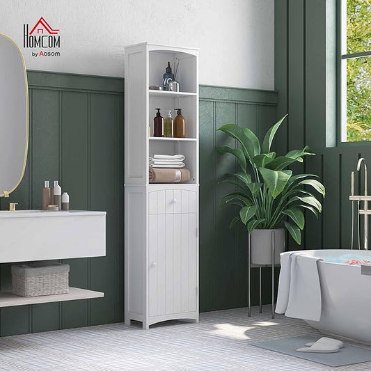 HOMCOM Bathroom Storage Cabinet, Free Standing Bathroom Storage Unit, Tall Linen Tower with 3-Tier Shelves and Drawer, White