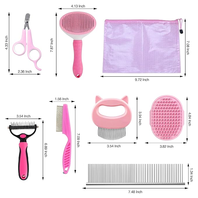 7-in-1 Pet Grooming Kit for Dogs & Cats Deshedding Brush, Bath Brush, Flea Comb, Nail Clipper & Massage Glove Complete Grooming Set for Small & Large Pets