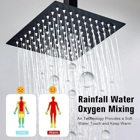 12 Inch Ceiling Mount Shower System Matte Black Rain Mixer Shower Combo Set High Pressure Rainfall Shower Head System Bathroom Luxury Shower Faucet Set Rough-in Valve and Shower Trim Included