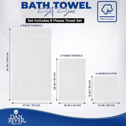 DAN RIVER 8 PC Luxury Bath Towels for Bathroom, 2 Bath, 2 Hand, and 4 Wash Cloths, 600 GSM 100% Ring Spun Cotton Towel Set, Highly Absorbent, Gym, Hotel, and Spa, White