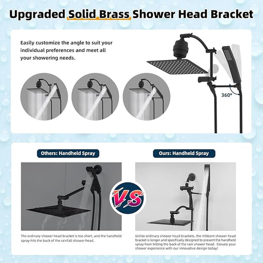 Hibbent All Metal 10'' Filtered Rainfall Shower Head with Handheld Combo, High Pressure Shower Wand, 16'' Adjustable Extension Arm, 20 Stage Shower Filter, 71'' Hose, Shower Holder, Matte Black