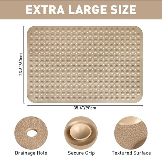 Shower Mat Non Slip: 47.2 x 31.5 Inch Extra Large TPE Shower Mats for Inside Shower - Anti Slip Shower Stall Matt with Drain Hole and Suction Cups for Elderly