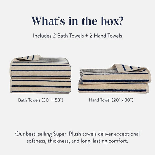 Brooklinen Super-Plush Bath Towel and Hand Towel Set - 2 Bath Towels, 2 Hand Towels - Cotton, Highly Absorbent (Striped Midnight Navy)