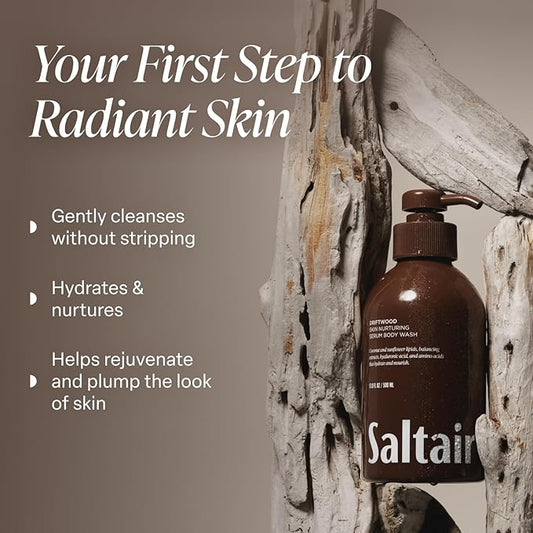 Saltair Body Wash, Driftwood 2-Pack. Moisturizing Body Cleanser with Hyaluronic Acid - Luxury Shower Gel for Women and Men. Vegan, Cruelty-Free, Paraben-Free. 2x 17oz Pump Bottles