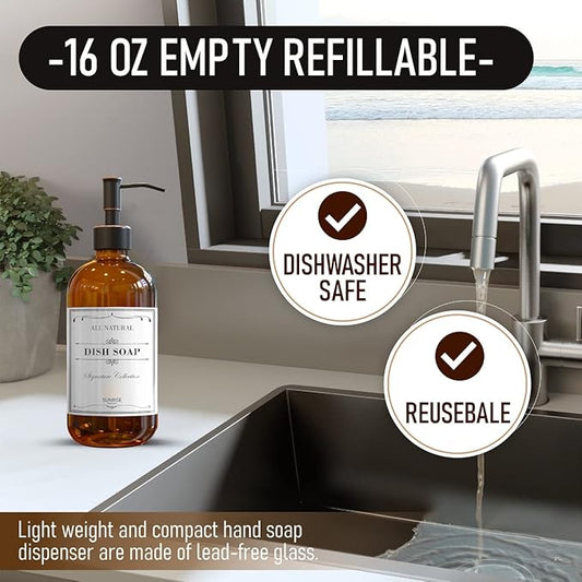 2 Pack Amber Glass Soap Dispenser 16 OZ with Oil Rubbed Bronze Stainless Steel Pump, Hand and Dish Soap Dispenser Set for Bathroom and Kitchen Sink with 6 Waterproof Labels