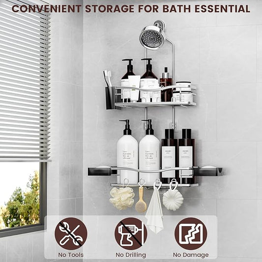 REINHARDT Shower Caddy Hanging, Rustproof Shower Caddy Anti-Swing Shower Organizer Over Showerhead No Drilling Shower Racks with Soap Holder Multi Hooks Bathroom Storage for Shampoo Sponge, Silver