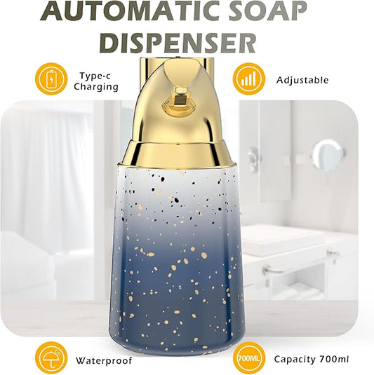 Adjustable Automatic Soap Dispenser Touchless, Ceramic Material,4 Adjustable Levels, Type-c Rechargeable Operated Sensor Liquid Soap Pump,Touch-Free Hand Sanitizer Dispenser (Starry Gold)