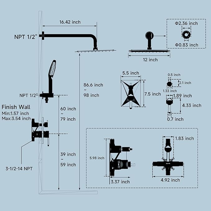 Shower Faucet Set - 12 inches Rain Shower System with 6 Function Handheld Shower Head Rough in Pressure Balance Valve Kit - Stainless Steel Bathroom Shower Kit Complete (Polished Chrome)