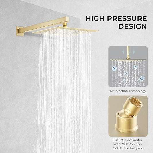 10 Inch Rain Shower Head, Square Rainfall & High Pressure, 304 Stainless Steel, 1/16" Ultra Thin, Waterfall Full Body Coverage with Silicone Nozzle, Brushed Gold