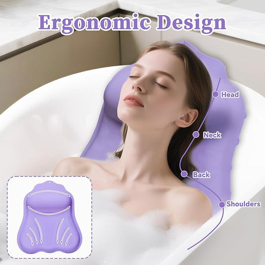 Silicone Bath Pillow for Tub Adults, 4D Air-Cushion Bathtub Pillow for Head Neck and Back Support, Non-Slip Suction Cups, Quick-Drying Waterproof Spa Pillow, Easy to Clean & Store,Purple