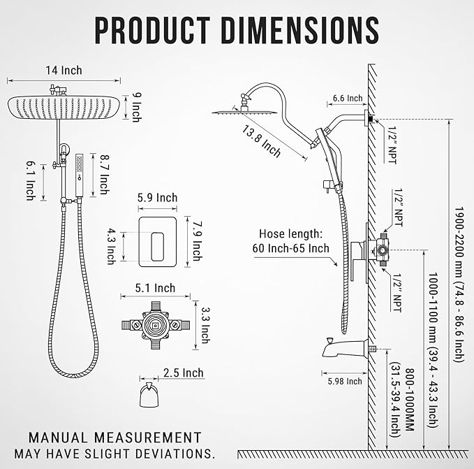 G-Promise 14 Inches Shower faucet Sets Complete, All Metal Rainfall Shower Head and Handle Set, Extended Downward Diverter, Extension Arm, Pressure Balance Rough-in Valve and Tub Spout Included