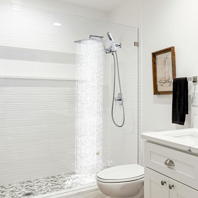 G-Promise All Metal 12 Inch Shower Head with Handheld Spray Combo,Rain Shower Head with Handheld Built-in Power Wash Mode, Adjustable Extension Arm with 4-Mode Diverter, 71 Inch Extra Long Hose