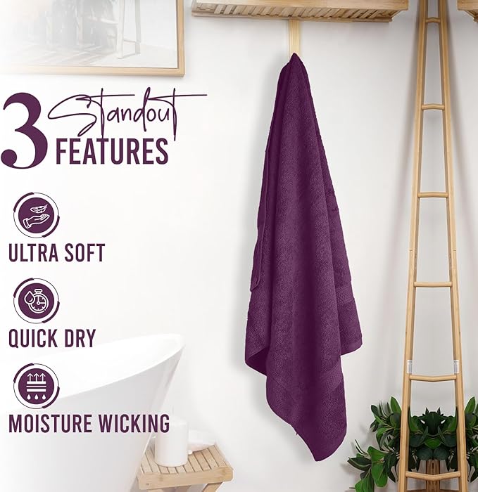 RIVERSIDE 100% Ring Spun Cotton Large Bath Towels Set of 4, 27 x 54 Inches ā Quick Dry, Soft & Highly Absorbent Towels for Shower & Bathroom ā Luxury 600 GSM Towels for Home, Spa, Gym, Hotel, Purple