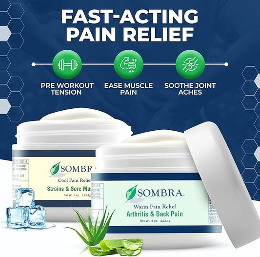 Sombra Warm & Cool Pain Relief Gel, Warm Relief for Arthritis and Chronic Pain Pre-Workout Muscle Rub, Cold for Swelling, Soreness, Post-Workout, Free of Artificial Fragrances, 4oz Per Jar