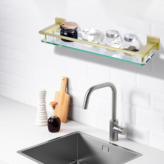 LANC Gold Bathroom Shelf Glass Shelves 20-Inch Floating Tempered Glass Shelf Rectangular Modern Stainless Steel Wall Mounted Cologne Shelves for Men Shower Bathroom Kitchen Organizers,A7613BG