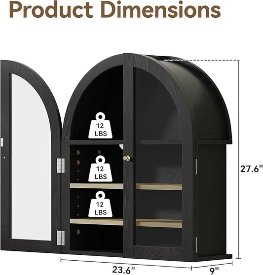 HOACT Arch Bathroom Wall Cabinet with Glass Door, 23.6" Above Toilet Storage Cabinet with Adjustable Shelves, Natural Medicine Cabinet for Kitchen, Laundry Room, Bedroom, Black