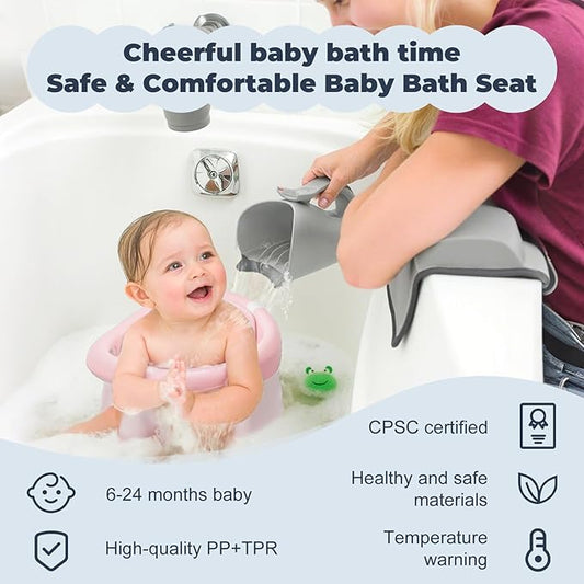 Baby Bath Seat-for Babies 6 Months & up with Temperature Alert+Soft Cushion+Suction, Toddler Bath Seat for Baby, Sitting Up with Baby Bathtub Seat, Pink