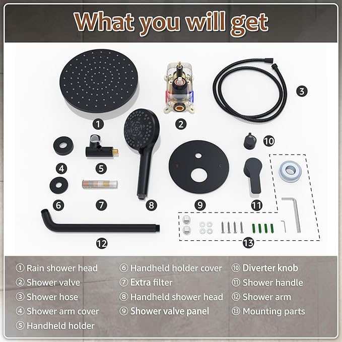 Iriber Mattle Black Round Rain Shower System Faucet Set,Filtered Shower Head with Handheld, Modern Bathroom 9 Spray Mode Showerhead with Filters,Shower Valve Trim Kit Contain Cartridge,10 Inch