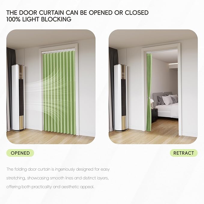 100% Blackout Fabric Folding Door Curtain with Magnetic Closure - Accordion Style for Sliding Doors, Closets,Wardrobe and Temporary Door Solutions Doorway Curtains(W42 x L78, Green,1 Panel)