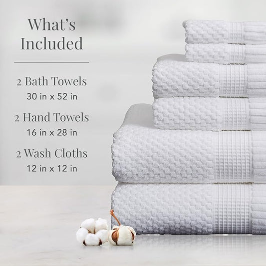 NY Loft 100% Cotton 6 Piece Bath Towel Set | White Towels | Oeko-TEX® Standard 100 | Soft & Absorbent, Quick-Dry | 2 Bath Towels 2 Hand Towels and 2 Washcloths | Trinity Collection - White