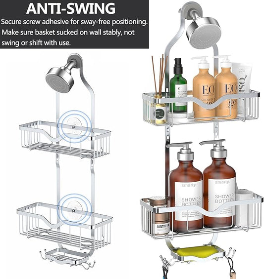 Kadolina Shower Caddy Hanging, Bathroom Shower Rack, Bathroom Organizer with Soap Dish, Over The Showerhead Caddy with Hooks for Razor/Sponge, Bright Silver (Assembly Required)