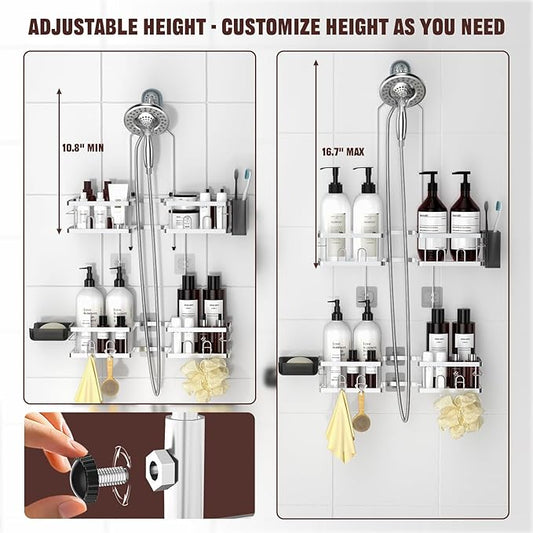REINHARDT Adjustable Shower Caddy Hanging Rustproof Shower Caddy for Handheld Showerheads, Shower Organizer with Hooks Soap Holder, Anti-Swing Shower Rack Bathroom Accessories, Silver