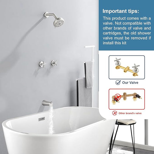 2 Handle Shower Faucet Set with Tub Spout Bathtub Shower Faucet Combo Set Shower System Complete Tub and Shower Trim Kit Brushed Nickel Wall Mounted Shower Fixtures