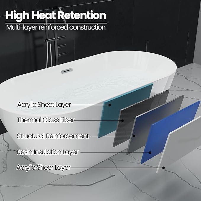 Freestanding Bathtub, Modern Soaking Tub, Deep Stand Alone Bath with Chrome Drain & Overflow, Acrylic, Ergonomic Upright Bathtub for Bathroom Relaxation, Easy Clean Acrylic Tub, 67''