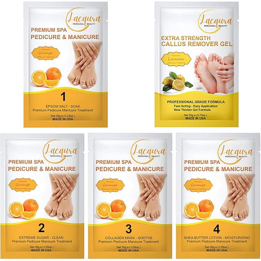Epsom Salt Soak, Callus Remover Gel, Extreme Sugar Scrub, Collagen Mask & Shea Butter Lotion – Professional Spa Foot Care System 5 Step Luxury Pedicure Kit. Orange 12 Set