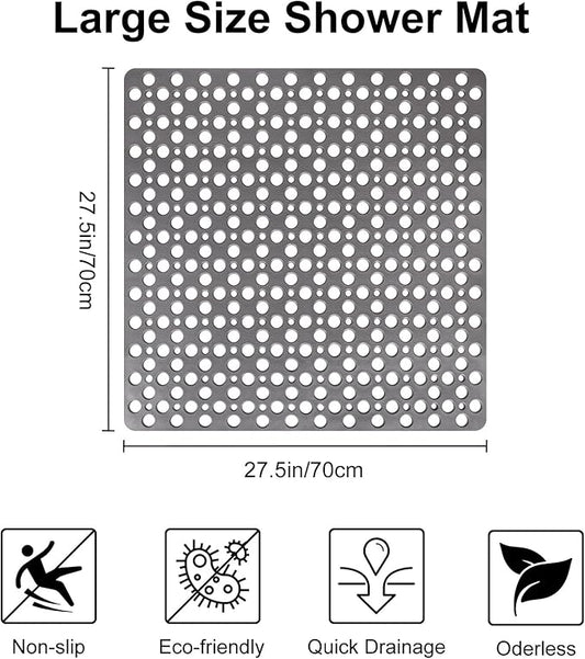 Anti Slip Shower Mat with Suction Cups,27x27 Inch Quick Drain TPE Non Slip Shower Mats for Inside Shower,Large Bath Mat for Shower Soft on Feet, Easy to Dry&Cut Machine Washable