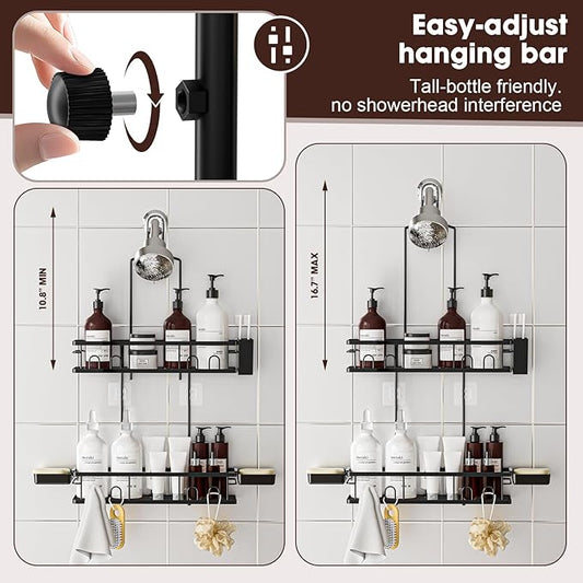 Shower Caddy Hanging, Rustproof Shower Shelves - No Drilling Inside Bath, Extended Length Shower Organizer with Soap Holder; Toothbrush Holder, Black