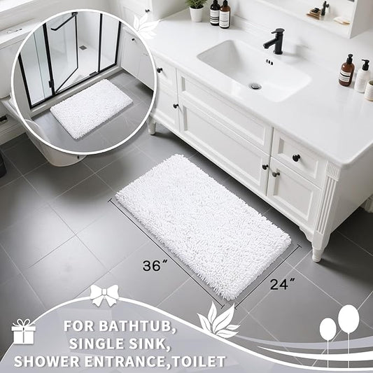 Yimobra Large Bathroom Rug Non Slip 36x24 Inch, Extra Thick Soft Absorbent Chenille Bath Mat, Machine Washable Quick Dry Bath Rugs for Bathroom Floor, Tub and Shower, Home Decor Accessories, White