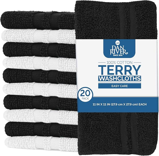 DAN RIVER 100% Cotton Washcloths 20 Pack Premium Quality Face and Body Cloth, Quick Dry Essential Towels for Bathroom, Hand, Kitchen & Cleaning, Baby Washcloths | 11X11 in | 400 GSM | Black+White