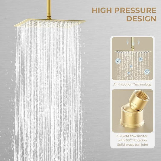 High Pressuer Square Rain Shower Head, Ultra Thin, SUS304 Stainless Steel, Universal Any Decorative Style, All Metal Rainfall Shower Head, Brushed Gold, 2.5 Gpm, 12 inch