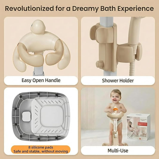 Baby Bath Stand with Built-in Seat - Duck Design - Anti-Slip Base - Baby Shower Stand for Sitting or Standing (White Beige)