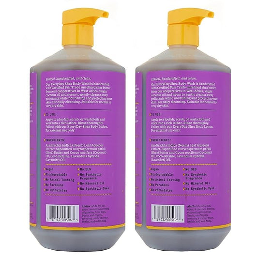 Alaffia Everyday Shea Body Wash, Naturally Helps Moisturize and Cleanse Without Stripping Natural Oils with Fair Trade Shea Butter, Neem, and Coconut Oil, Lavender, 2 Pack - 32 Fl Oz Ea