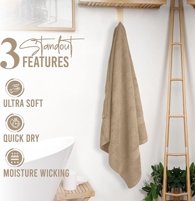 RIVERSIDE 100% Ring Spun Cotton Large Bath Towels Set of 4, 27 x 54 Inches ā Quick Dry, Soft & Highly Absorbent Towels for Shower & Bathroom ā Luxury 600 GSM Towels for Home, Spa, Gym, Hotel, Tan