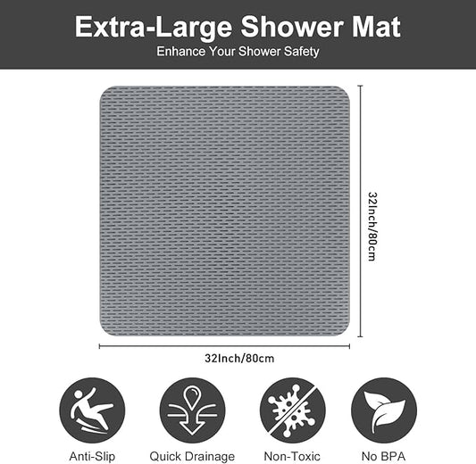 Square Shower Mat: 32"x32" Extra Large Non Slip Shower Mats for Inside Shower, Trimmable PVC Anti Slip Shower Stall Mats, Quick Dry Stand Up Shower Mat for Elderly, Kids