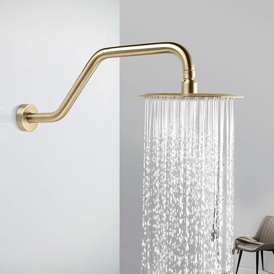 High Rise Shower Arm with Flange,15.5 Inch Gooseneck Shower Arm Extension,Stainless Steel S Shaped Shower Showerarm,Brushed Gold,9Z4MKK