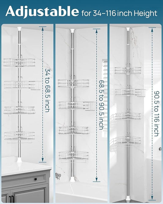 SEIRIONE Corner Shower Caddy Tension Pole, Quick Setup, Rust-Free Bathroom Shower Organizer Corner for Bathtub Shampoo Storage, 4-Tier Adjustable Shelf, Drill Free, Fits 34 to 116 Inch Height, Silver