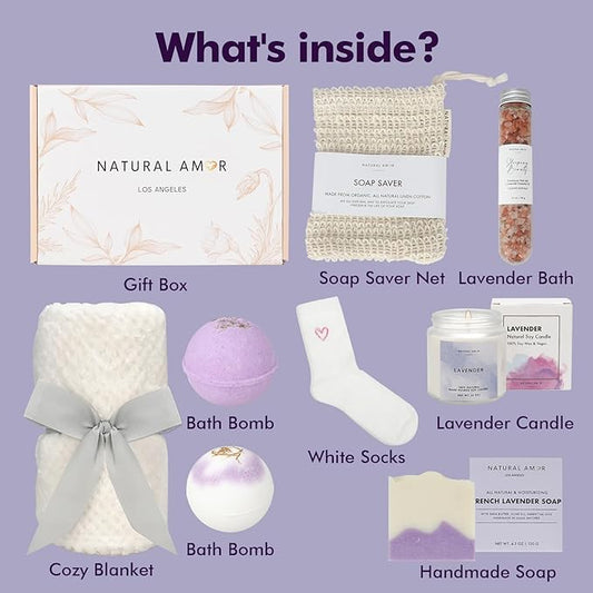 Natural Amor Lavender Blanket Spa Gift for Women 8pcs, Birthday Gift for Women, Self Care Gift for Birthday, Christmas