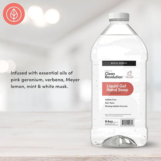 Clean Revolution Liquid Gel Hand Soap, Silky Rich Liquid, Quick Lather, Fast Rinsing, Contains Real Essential Oils (Geranium Mint) 64 Fl Oz